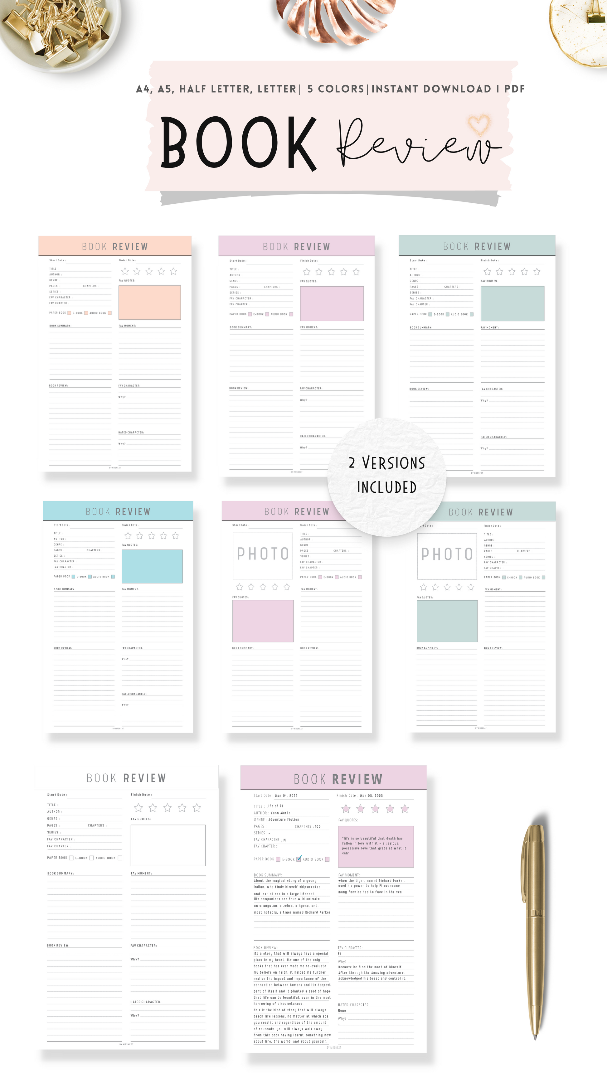 Colorful Book Review Planner with 2 different versions