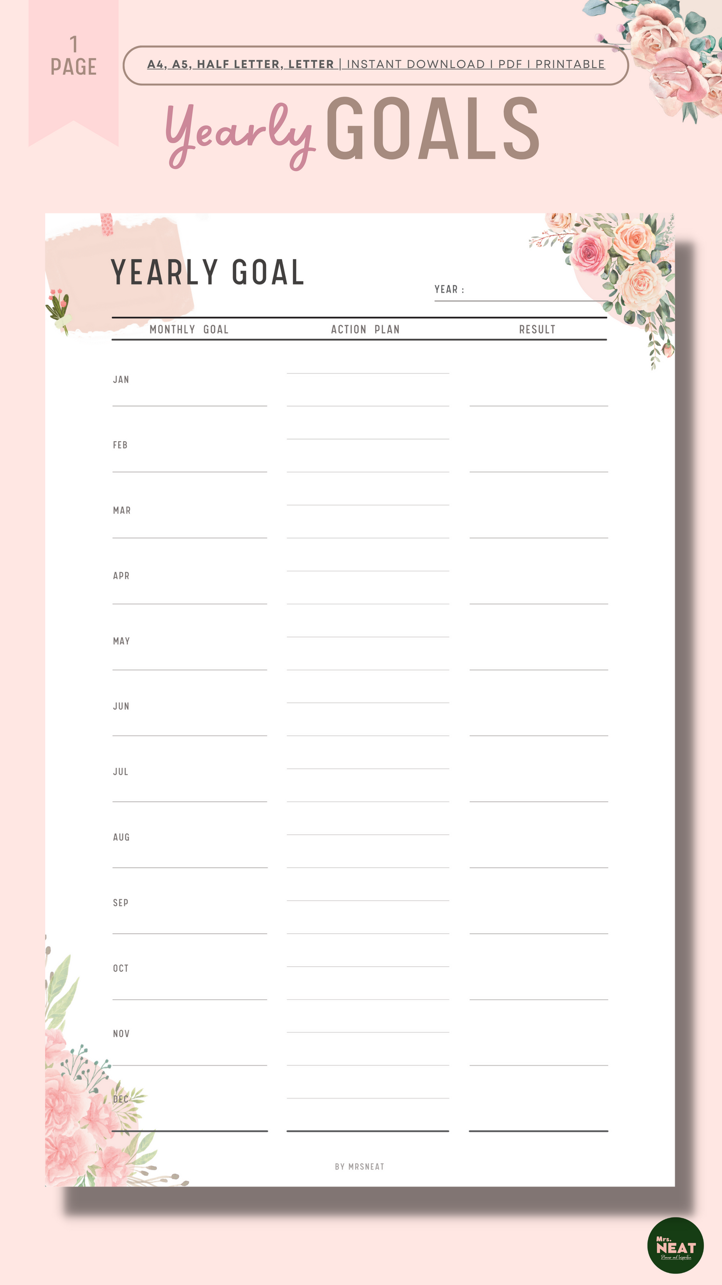 Beautiful Floral Yearly Goal Planner with room for monthly goal, action plan and result
