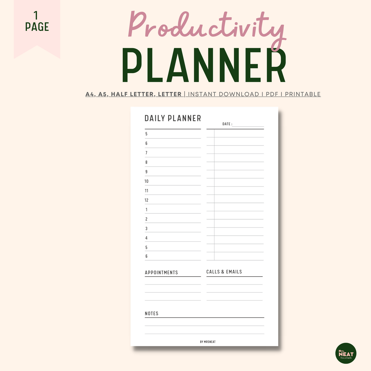 Productivity Daily Planner with room for hourly schedule, appointment, Calls & Emails, notes and undated