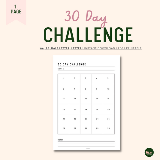 Clean and Minimalist Design of 30 Day Challenge with room for goal and notes