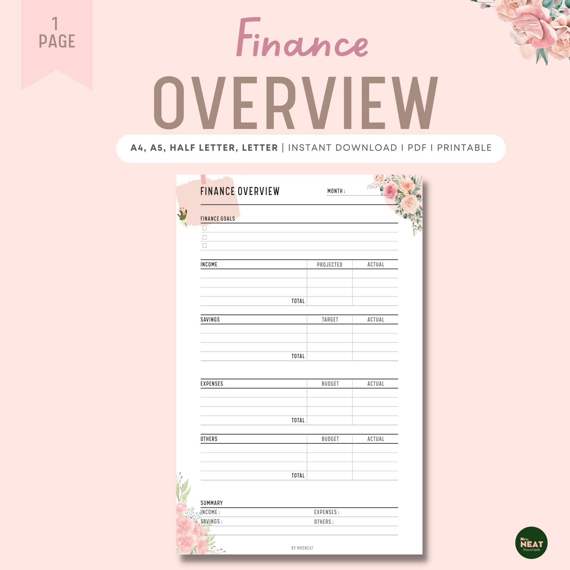 Beautiful and Cute Pink Floral Finance Overview Planner Printable