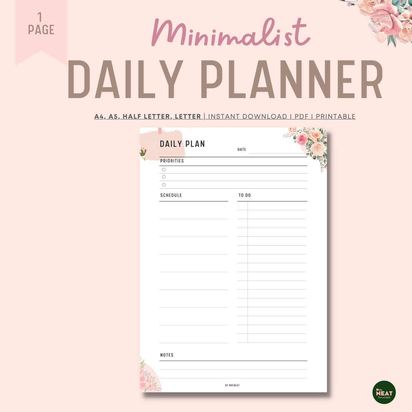 Cute Pink Floral Minimalist Daily Planner