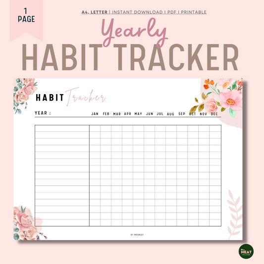 Beautiful Rose Gold Horizontal Yearly Habit Tracker Planner with undated year and 12 months