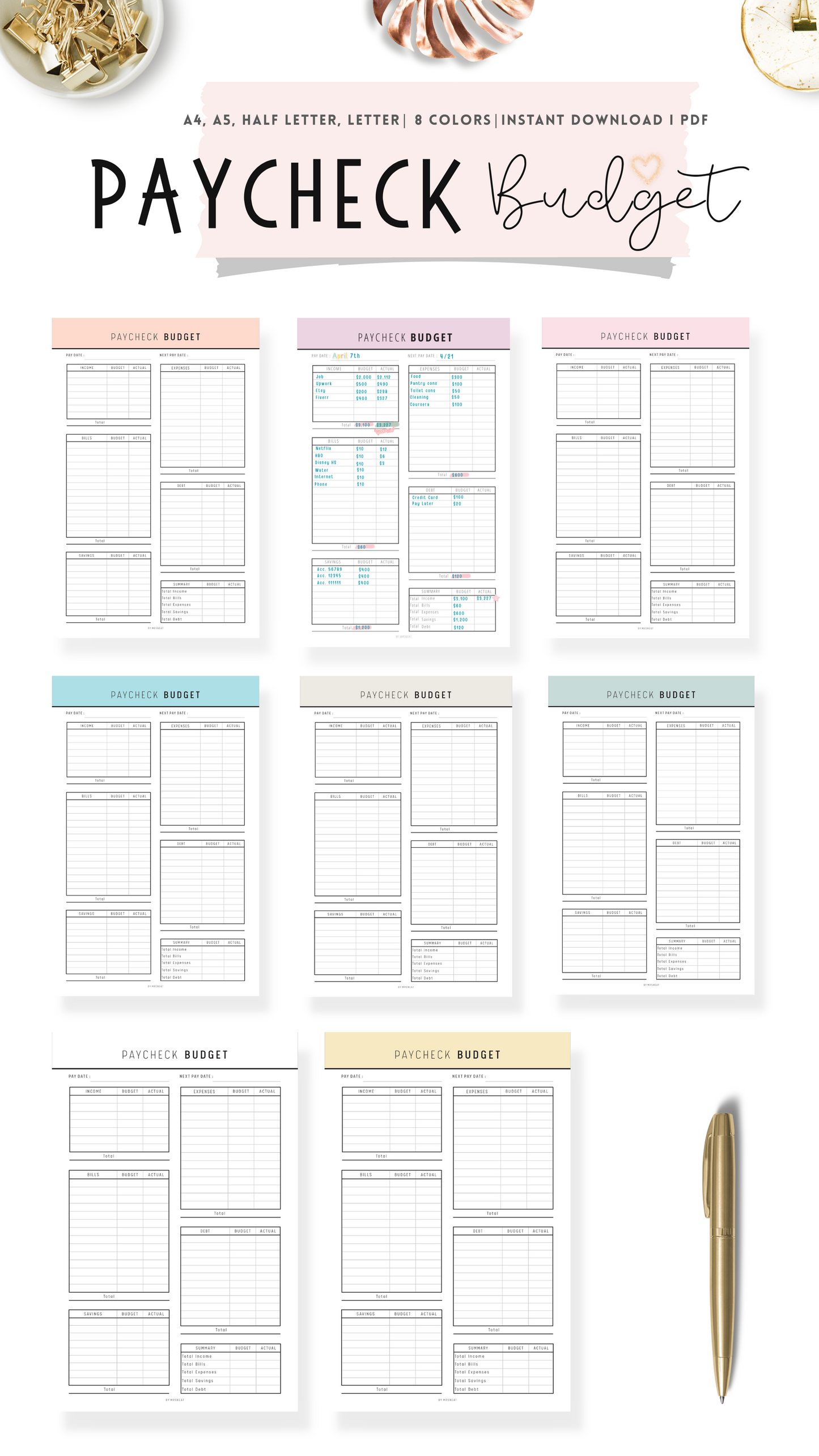 Paycheck Budget Planner Printable in 7 colors