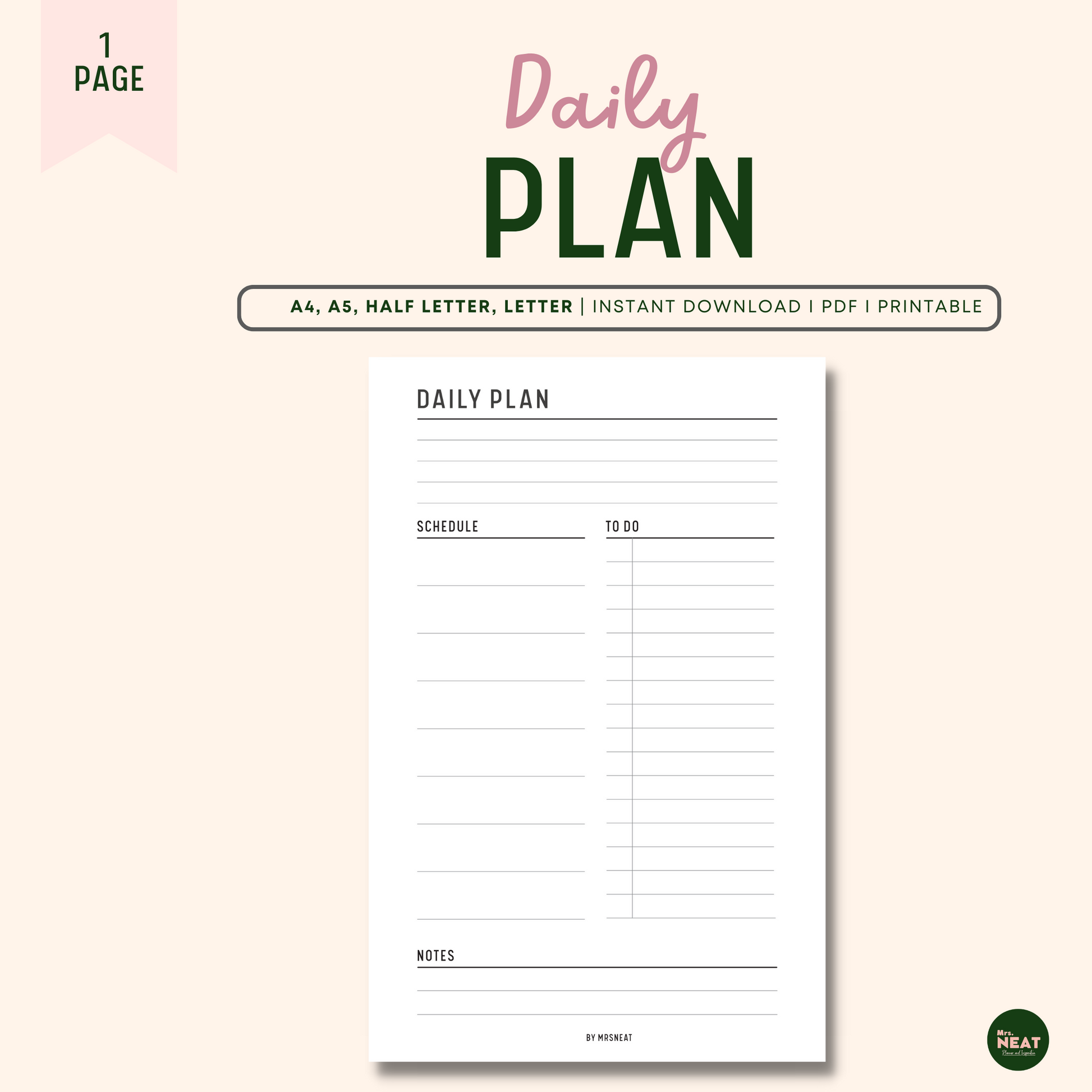 Minimalist Daily Planner with room for Schedule, To do and Notes