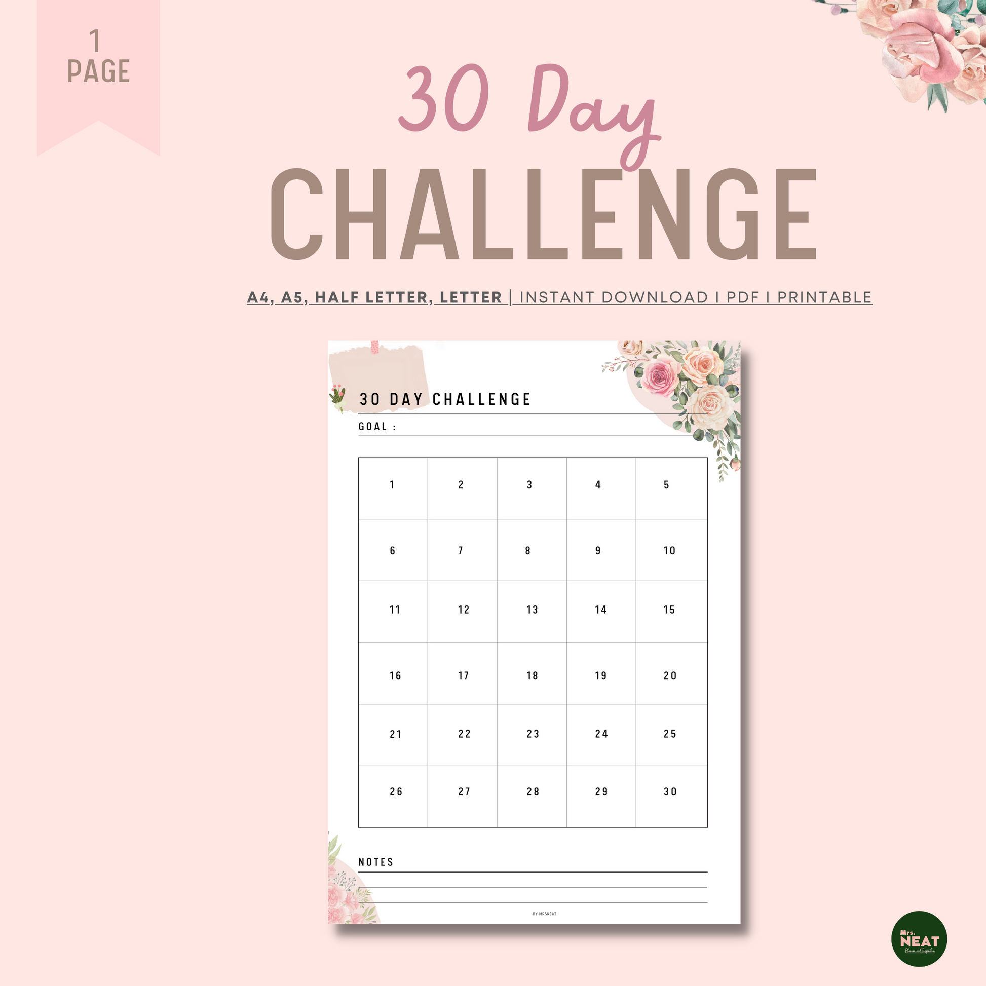 Beautiful Pink Floral 30 Day Challenge Tracker Planner