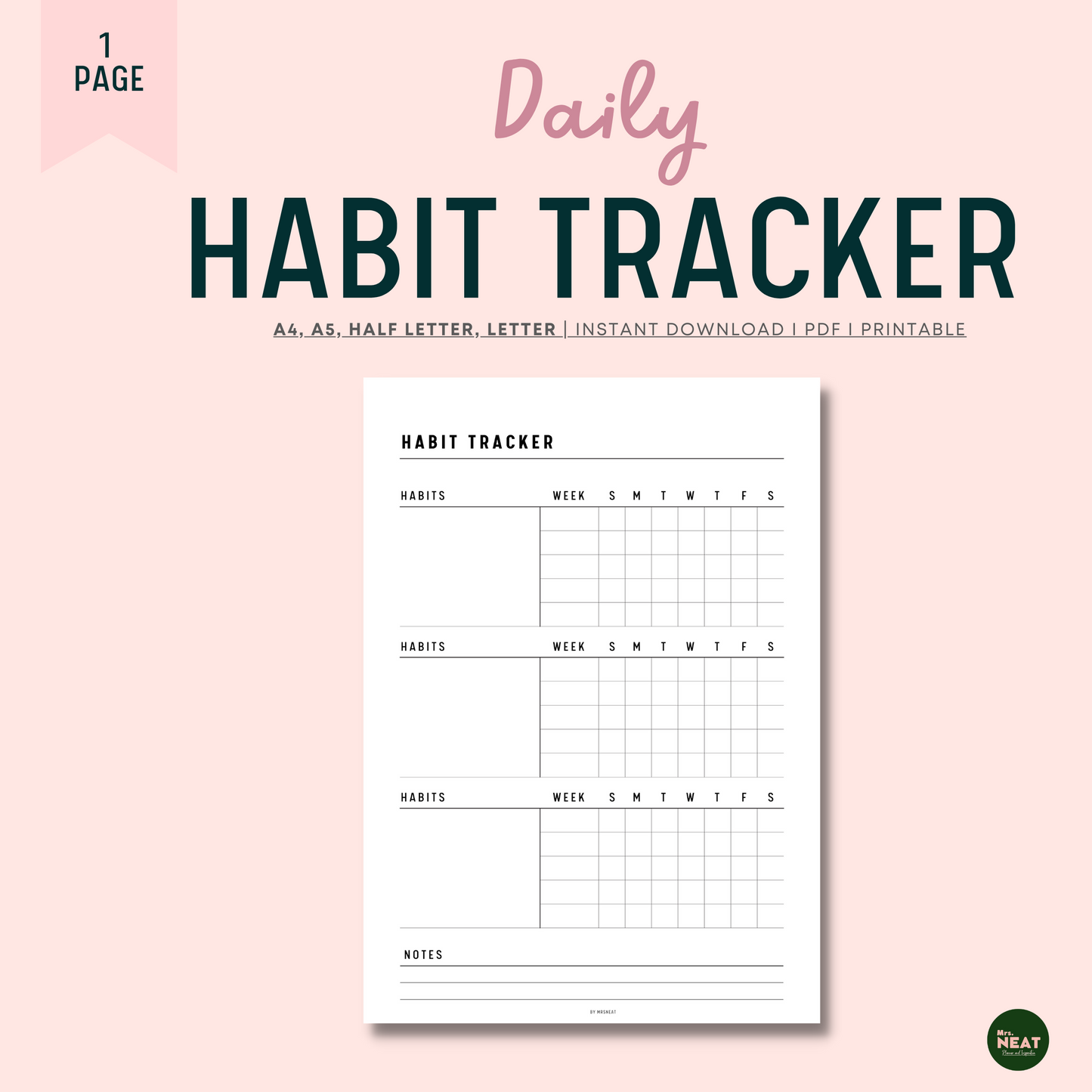 Cute and Minimalist Vertical Daily Habit Tracker with room for 5 weeks and notes