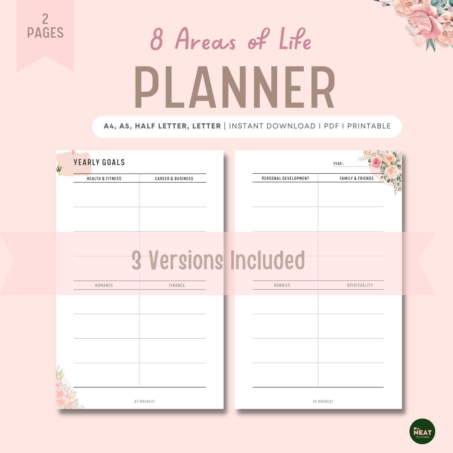 Cute Pink Floral 8 Areas of Life Goal Planner Printable