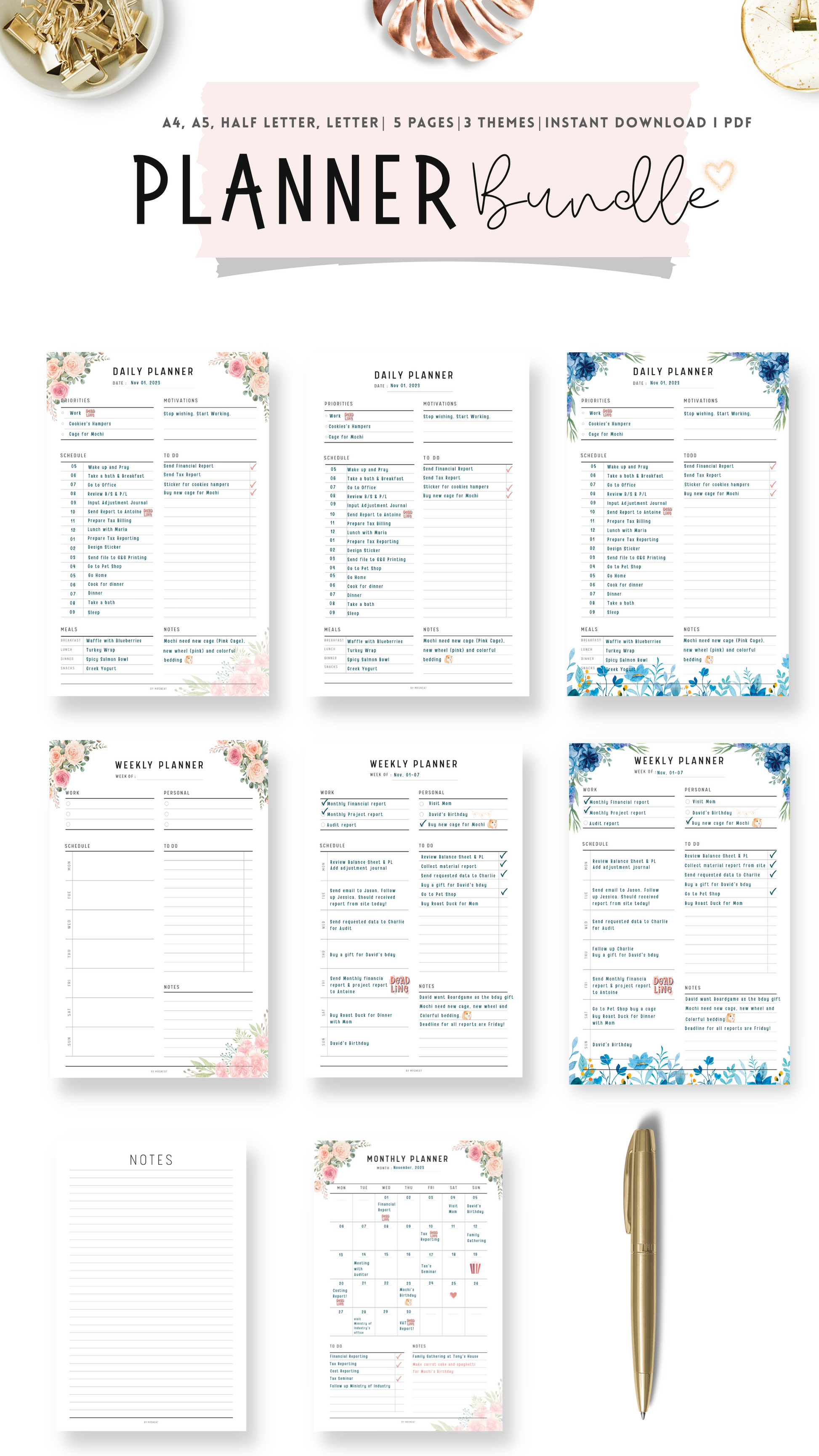 7 Pages of Daily Planner, Weekly Planner and Monthly Planner in Blue Floral, Pink Floral and Neutral