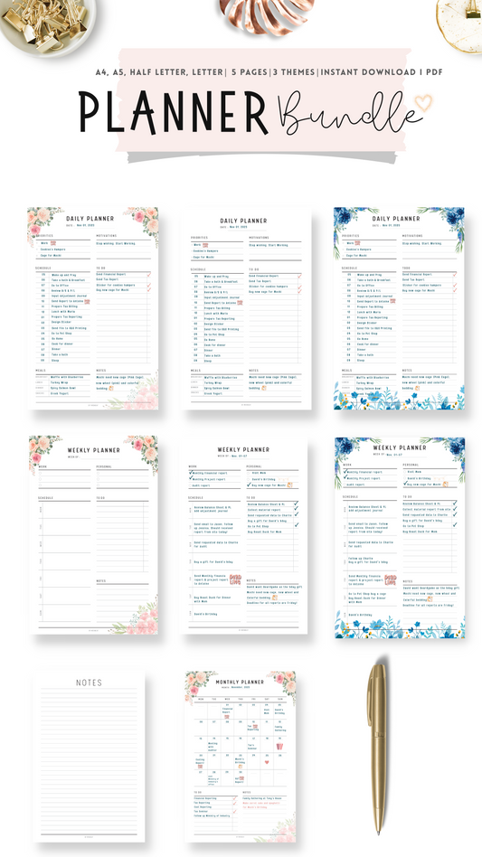 7 Pages of Daily Planner, Weekly Planner and Monthly Planner in Blue Floral, Pink Floral and Neutral