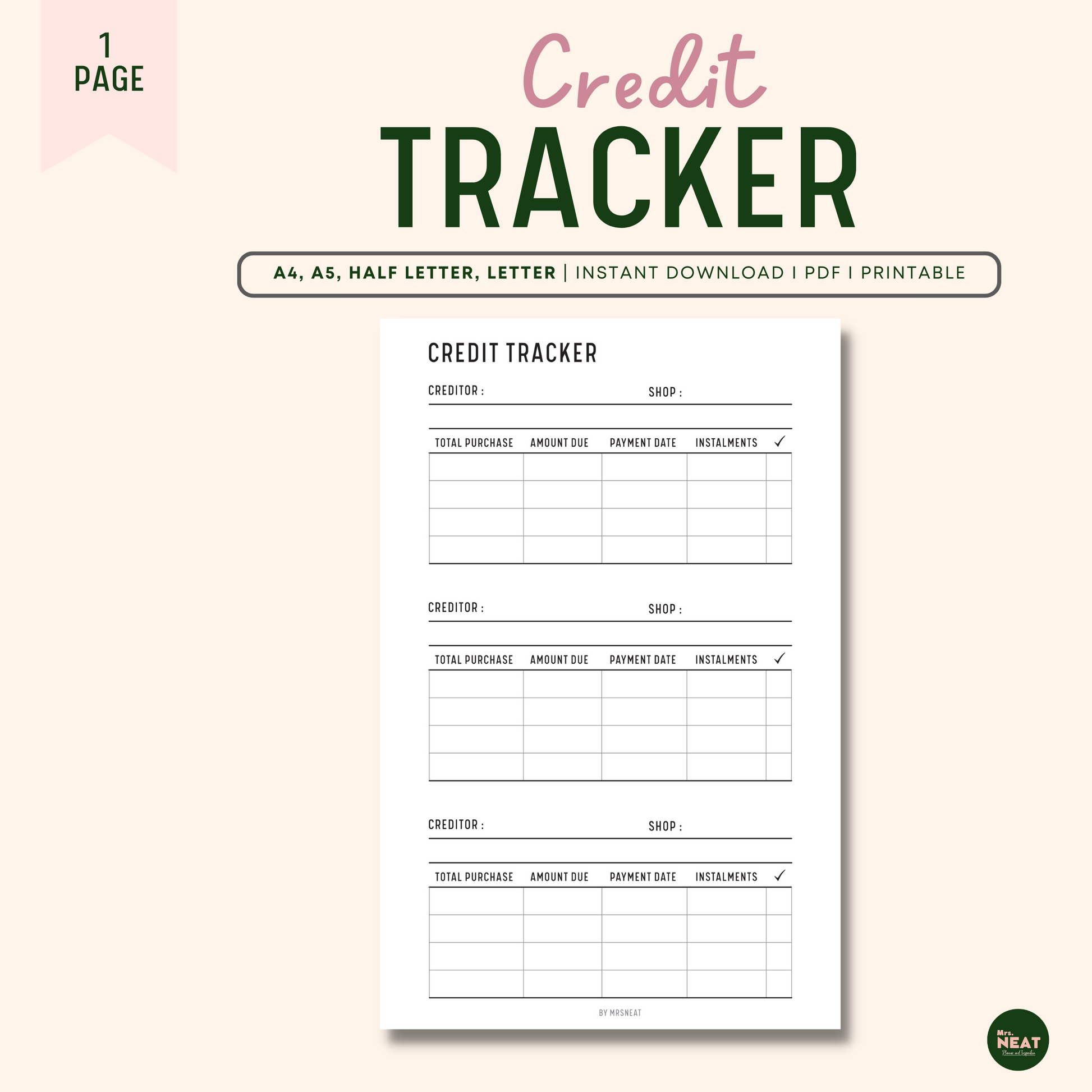 Credit Tracker Planner with room for creditor, shop, total purchase, Amount, repayment and installment