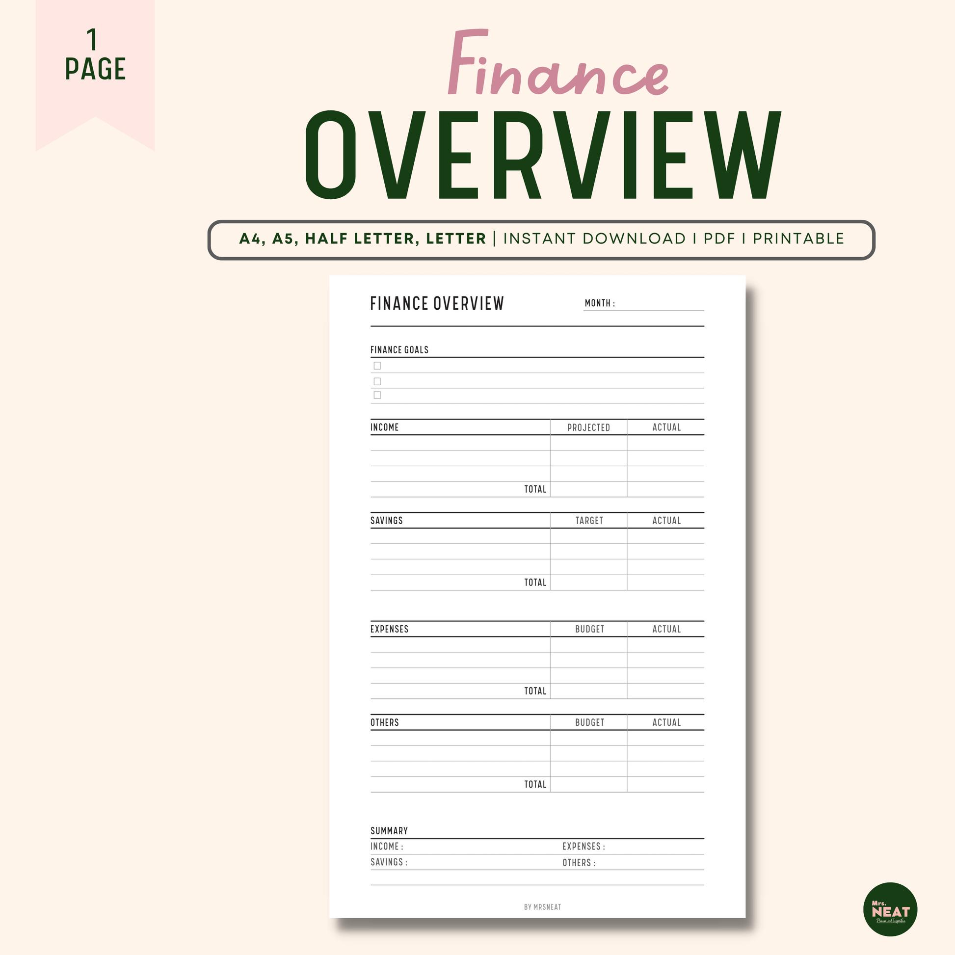 Monthly Finance Overview Printable, Budget Organizer, Income Expense, Budget Template, Finances at a Glance, A4/A5/Letter/Half Size