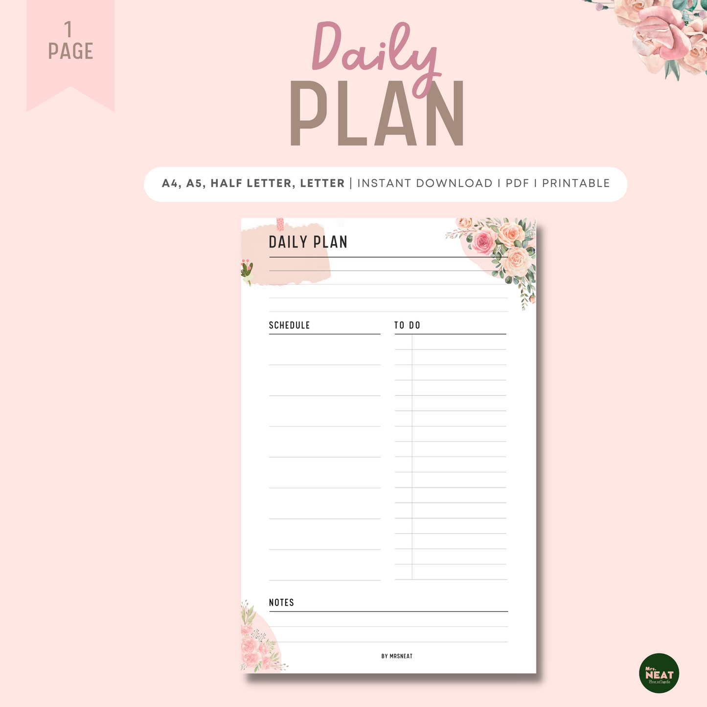 Beautiful Floral Minimalist Daily Planner with room for Schedule, To do and Notes 