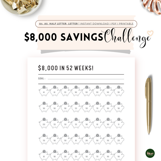 Clean and Minimalist $8000 Saving Challenge Planner in 52 Weeks