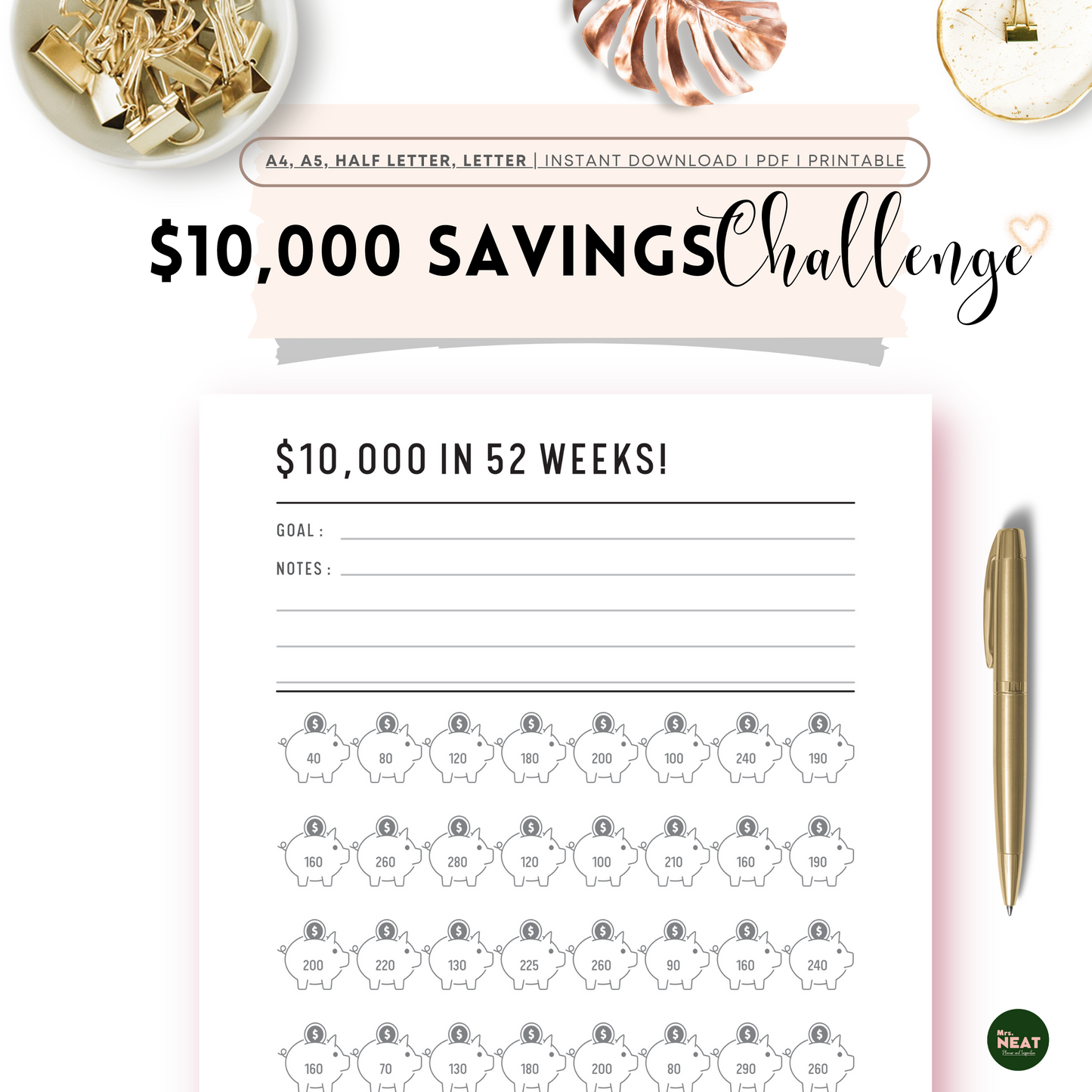 10000 Money Saving Challenge in 52 Weeks Planner with room for goal and notes