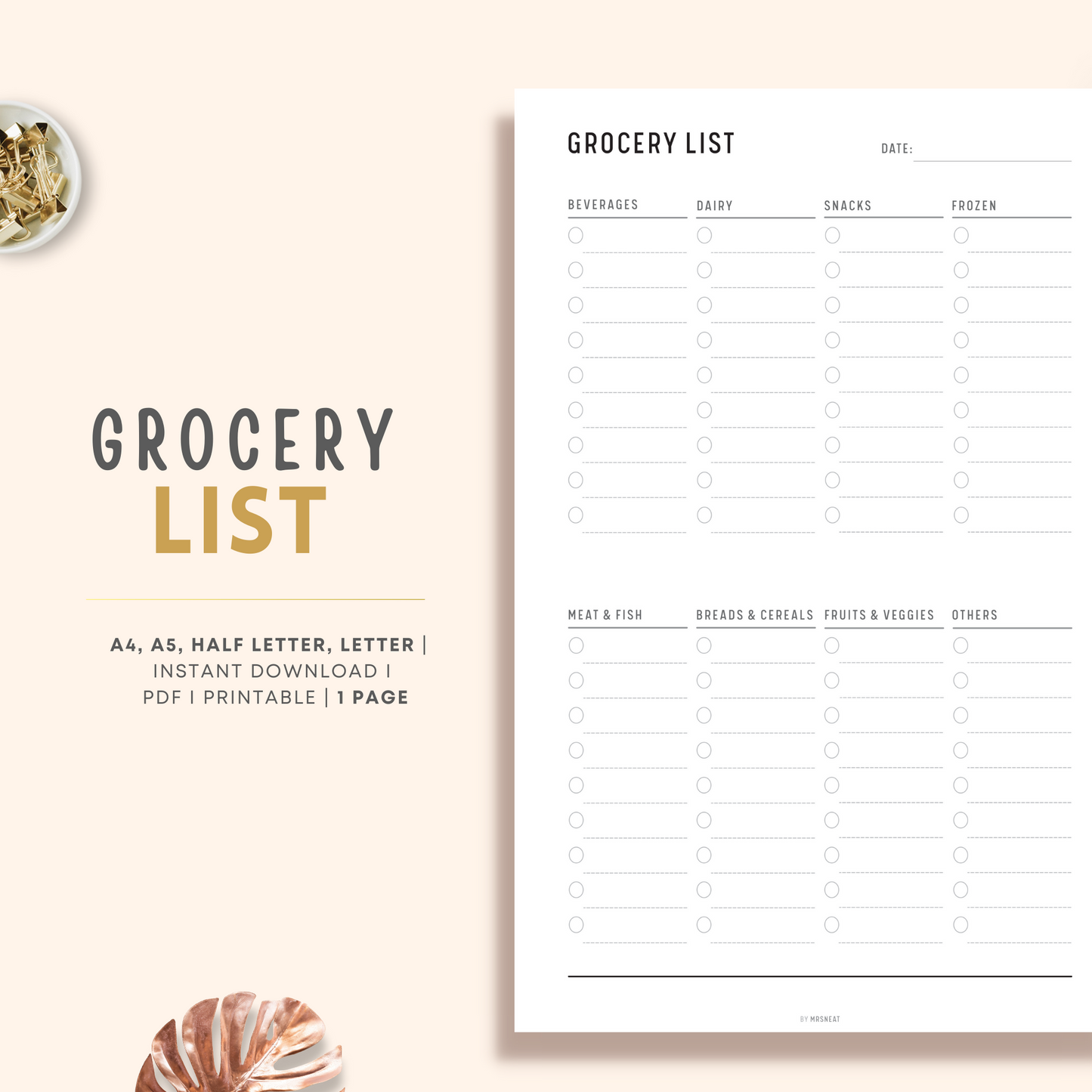 Minimalist and Clean Grocery List Planner with 8 shopping categories