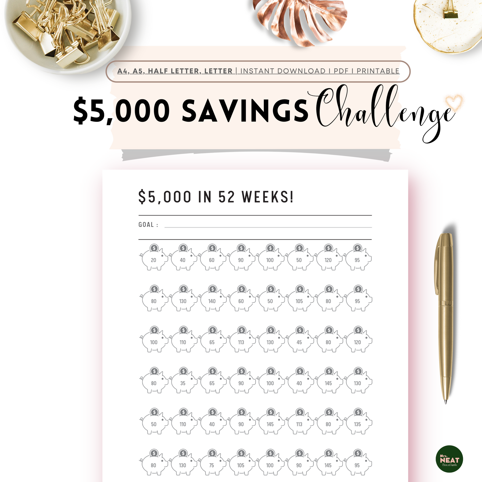 Clean Piggy Bank $5000 Money Saving Challenge Planner in 52 Weeks