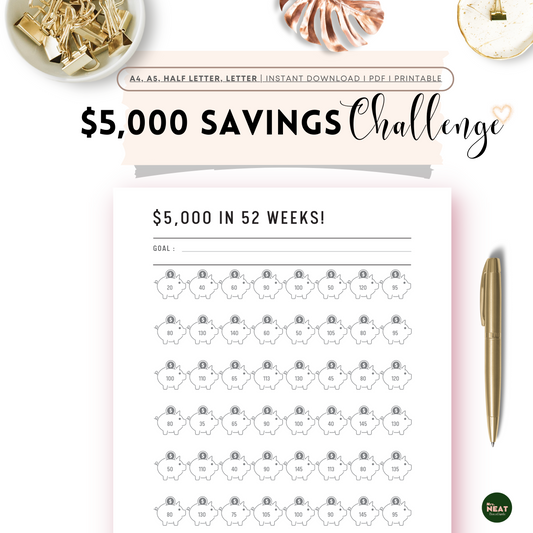 Clean Piggy Bank $5000 Money Saving Challenge Planner in 52 Weeks
