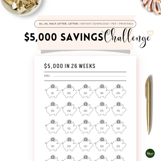 Clean Piggy bank Money Saving Challenge Planner to save $5000 in 26 Weeks