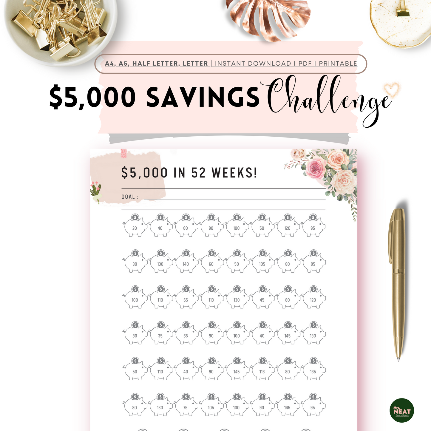 Beautiful and Cute Pink Floral $5000 Saving Challenge Planner in 52 Weeks