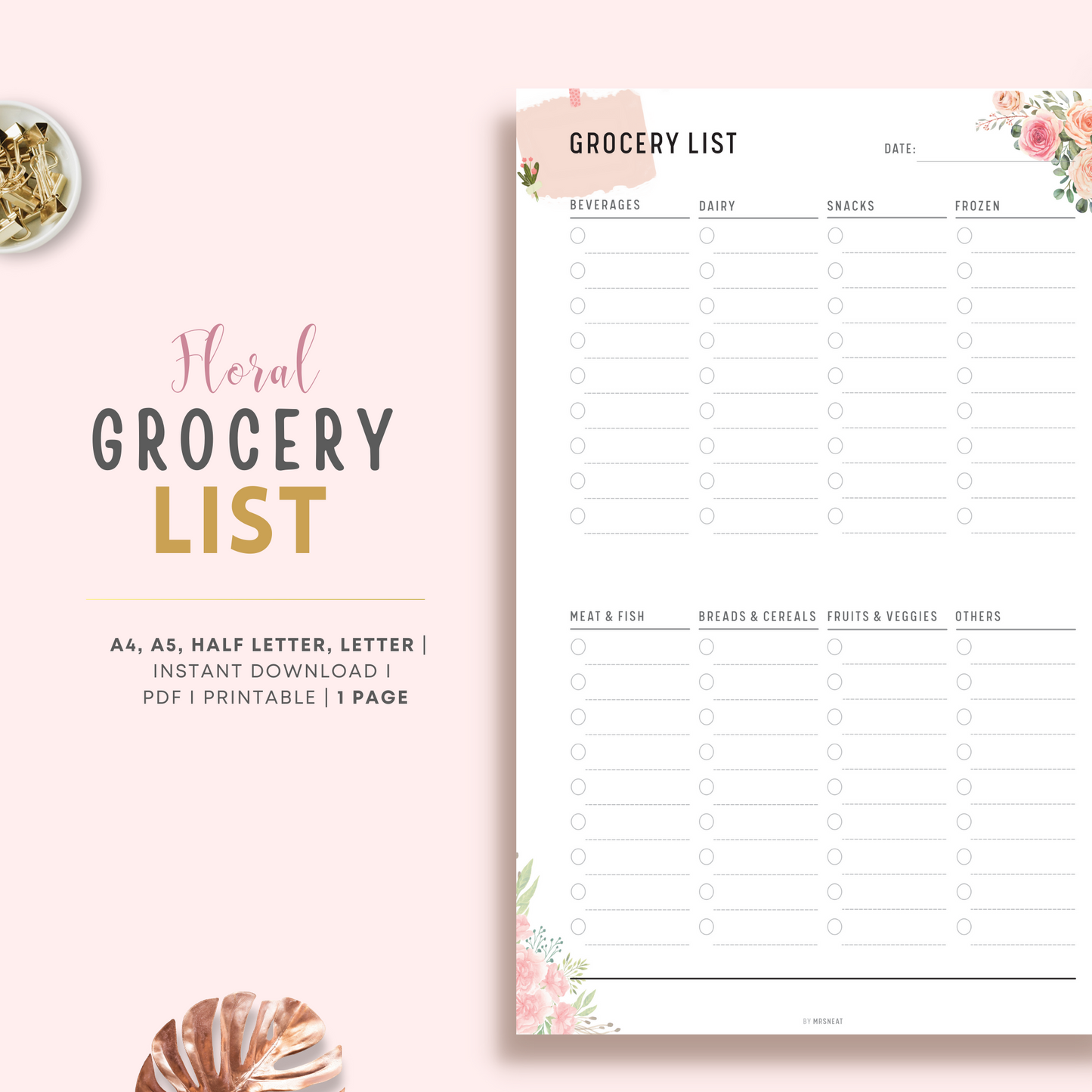 Beautiful and Cute Grocery List Printable Planner in Minimalist Design with 8 shopping categories