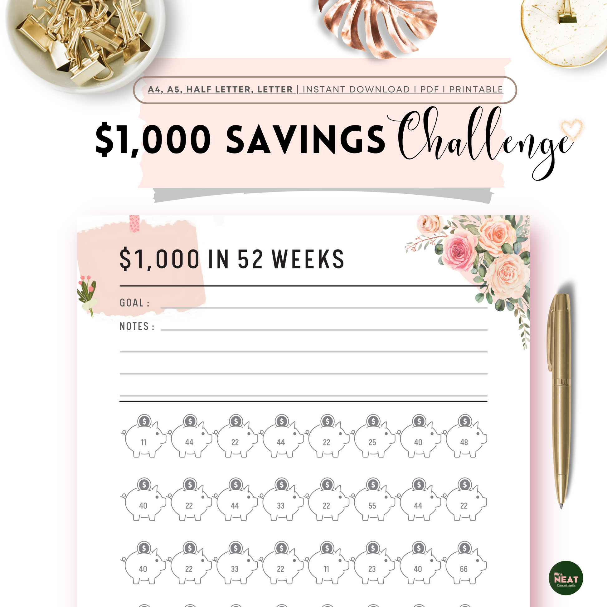 Floral 1000 Money Saving Challenge in 52 Weeks with room for goal and notes