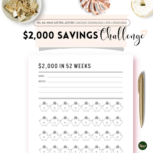 $2,000 Money Saving Challenge in 52 Weeks Planner with room for goal and notes
