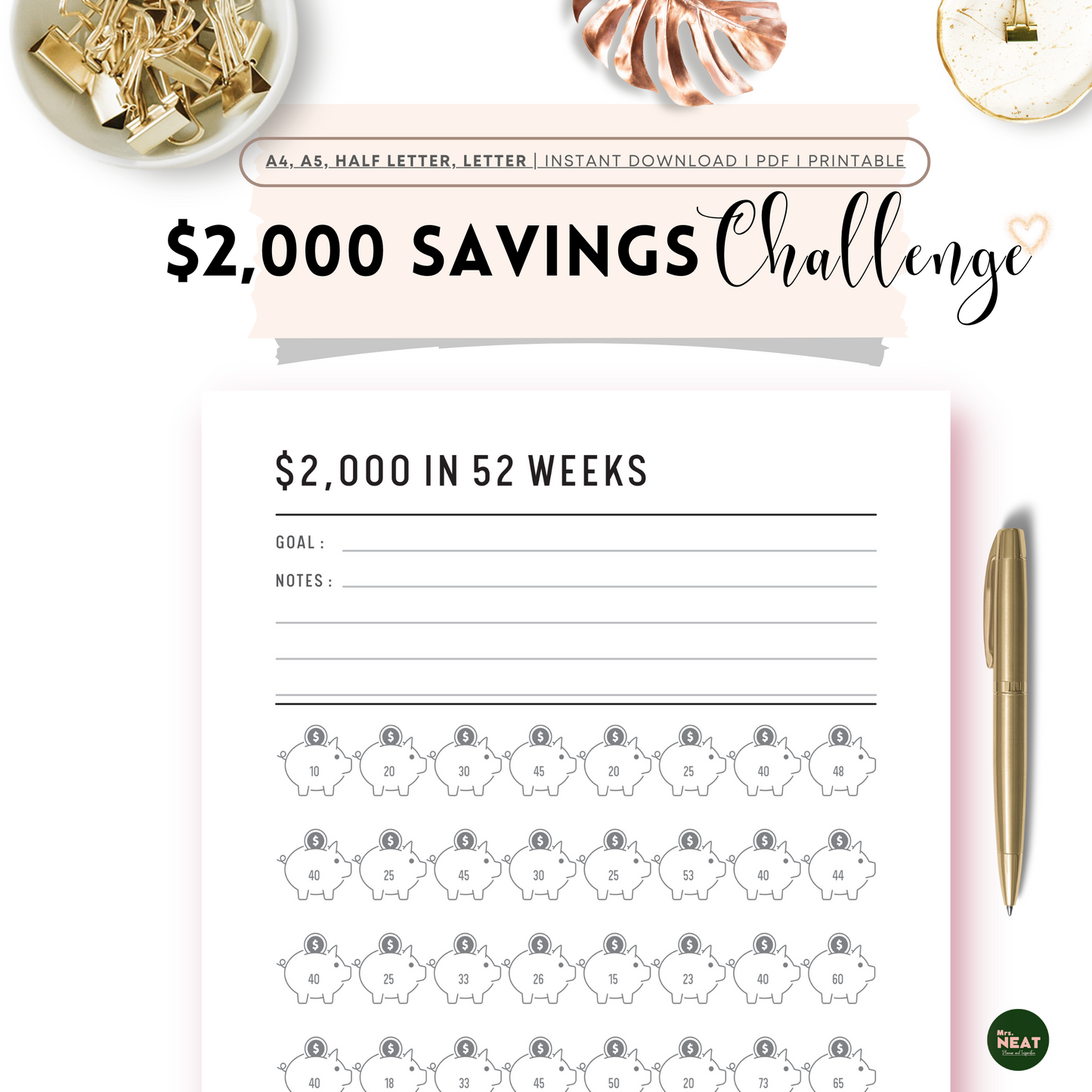 $2,000 Money Saving Challenge in 52 Weeks Planner with room for goal and notes