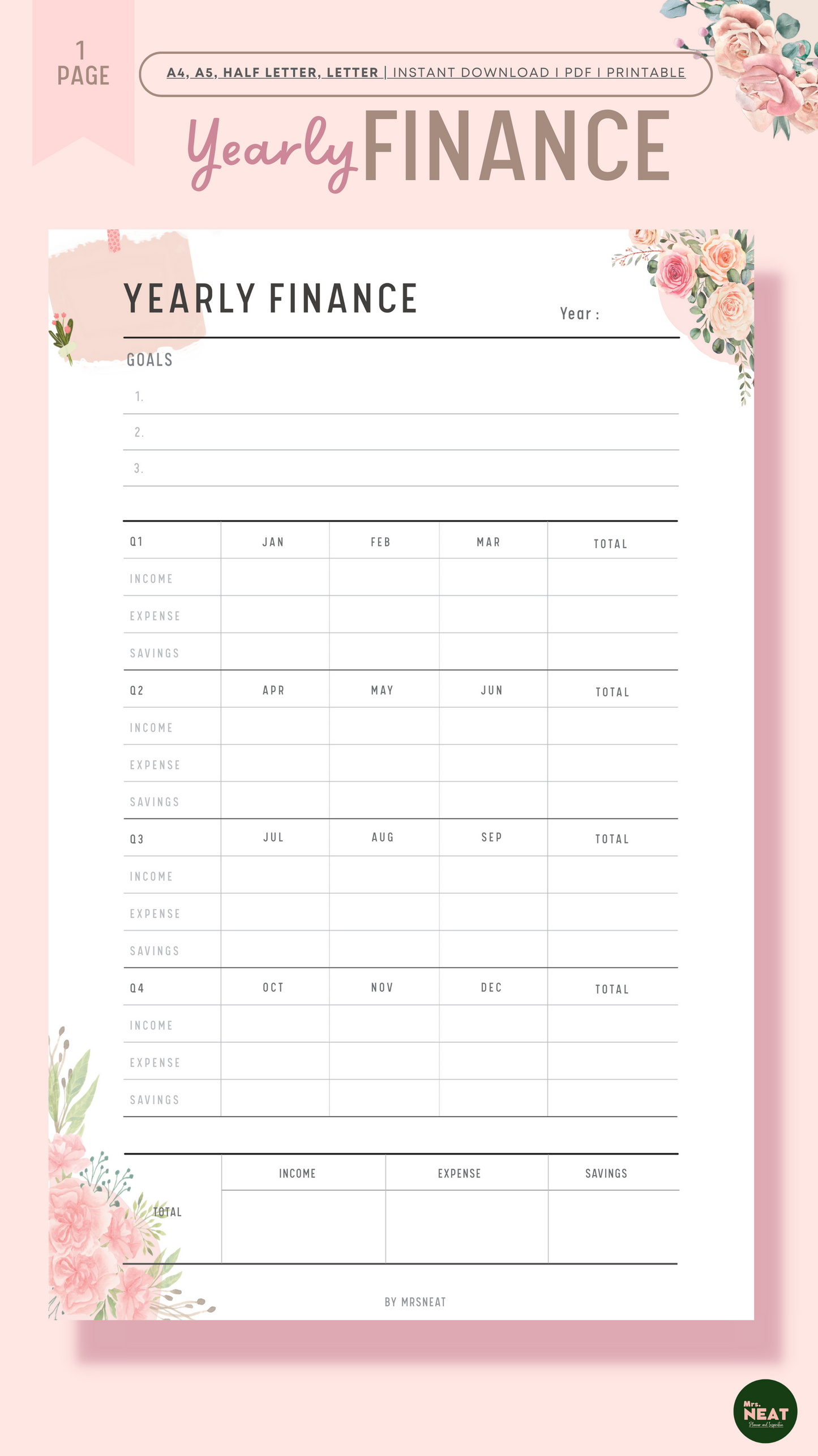 Beautiful Pink Floral Yearly Financial Planner Printable