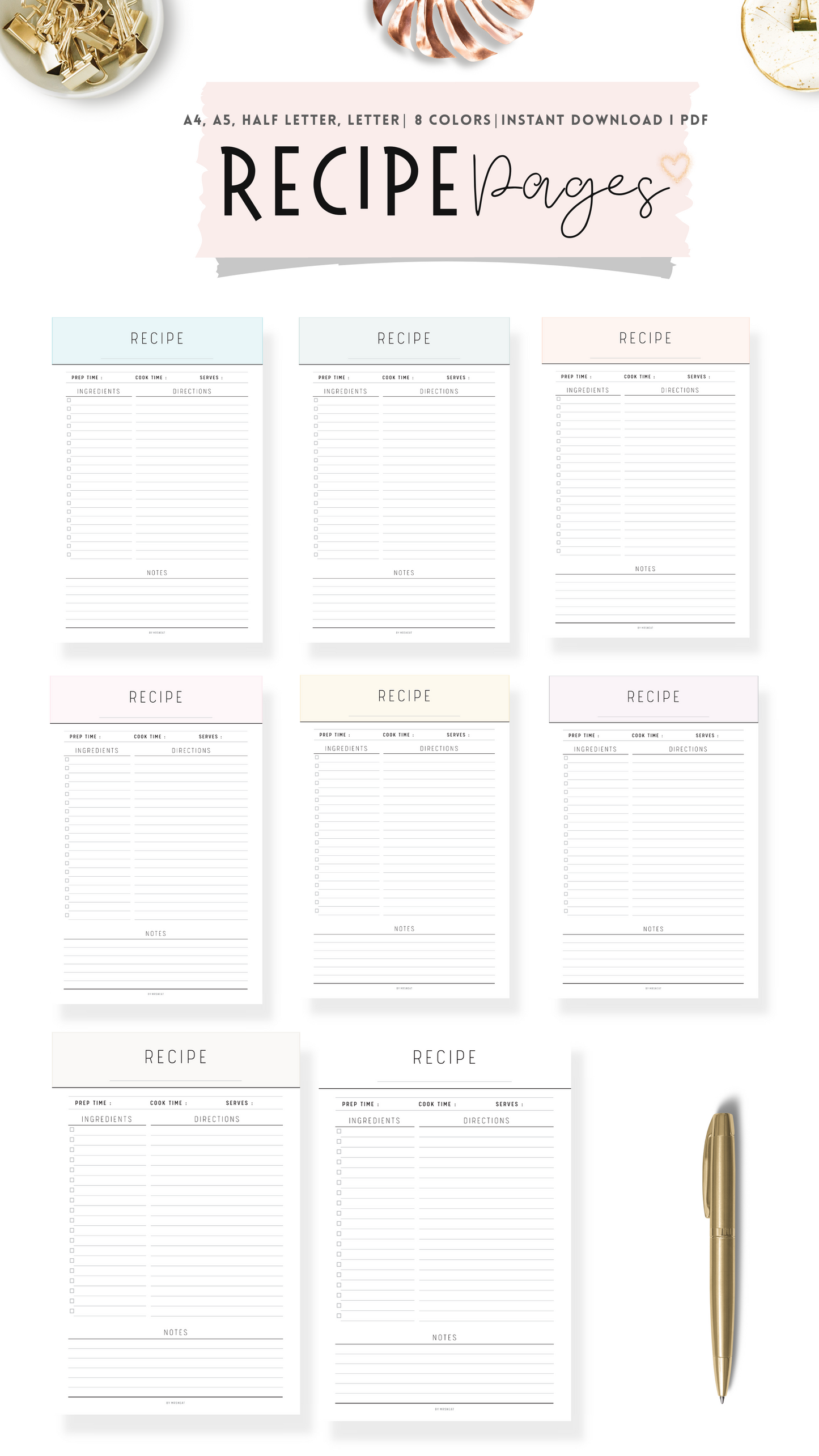 8 pages of Recipe Page Template Planner in different 8 colors