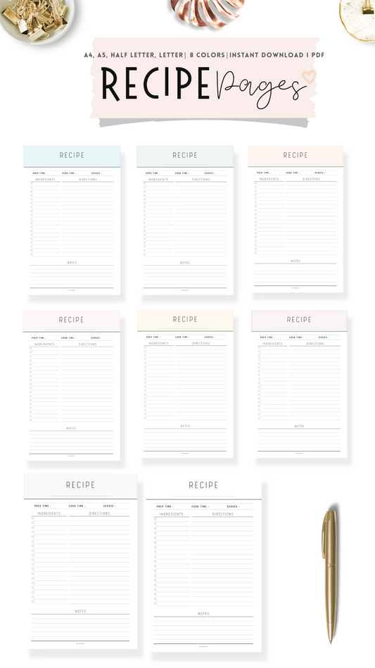8 pages of Recipe Page Template Planner in different 8 colors