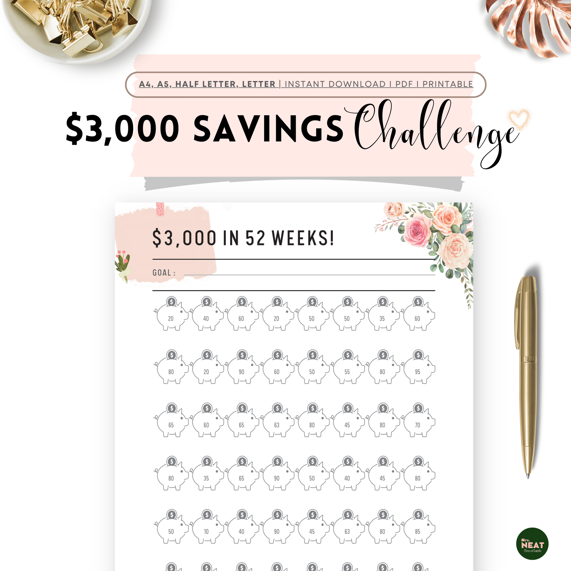 Beautiful Pink Blush Floral $3000 saving challenge in 52 weeks with room for goal