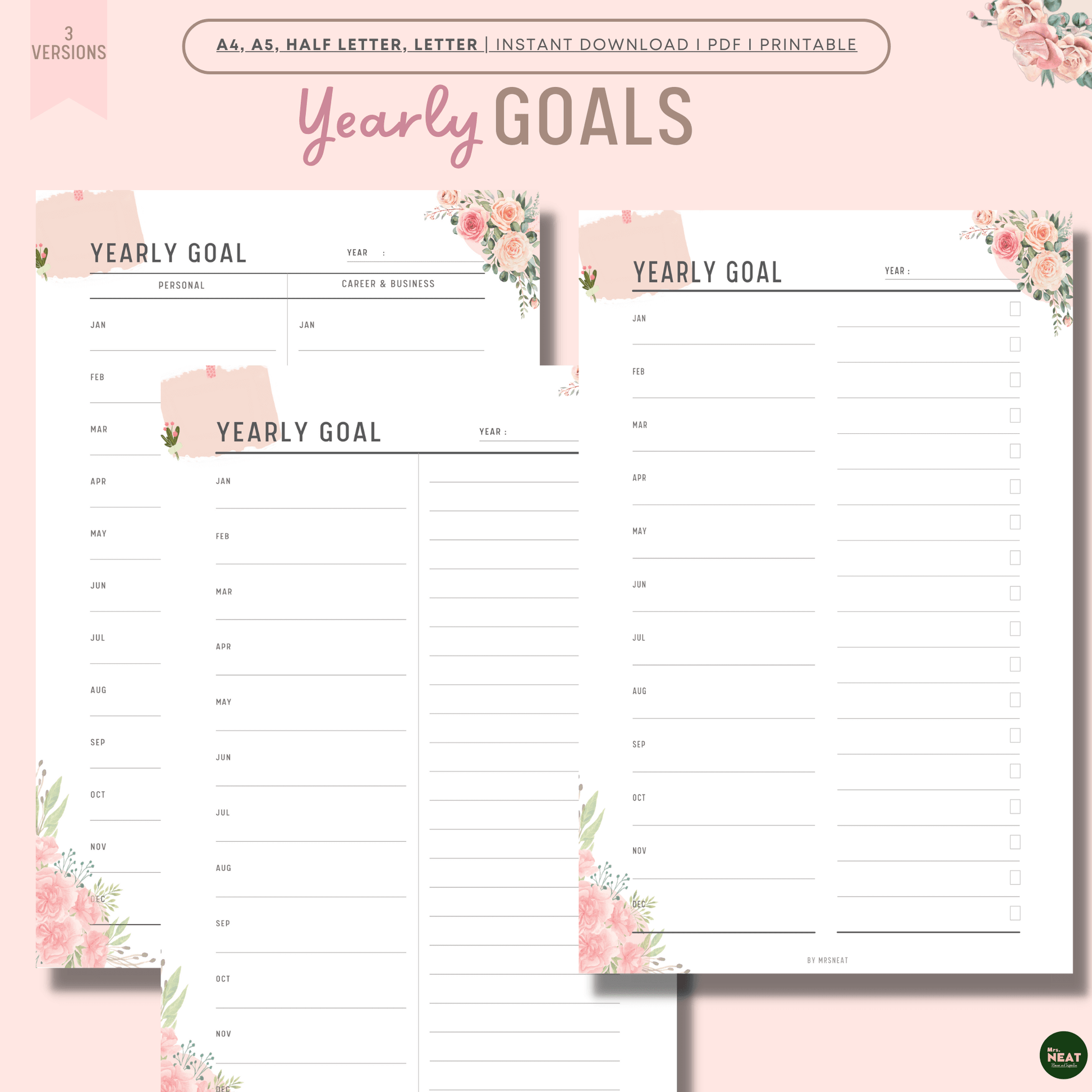 Beautiful Pink Floral New Year Goal Planner in 3 different versions