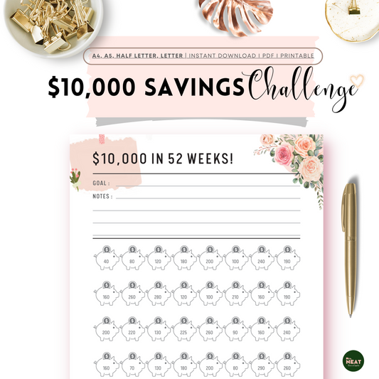 Beautiful and Cute Piggy Bank Pink Floral $1000 Saving Challenge Planner in 52 Weeks