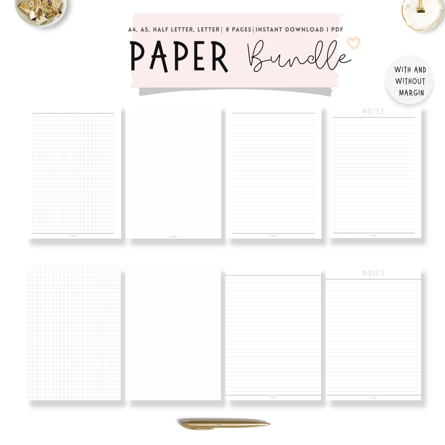 8 paper pages consist of Grid Paper, Dotted Paper, Lined Paper and Notes paper with and without margin