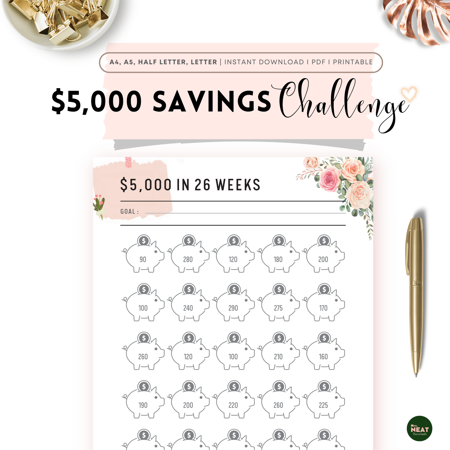 Beautiful and Cute Floral $5000 Money Saving Challenge in 26 Weeks Planner