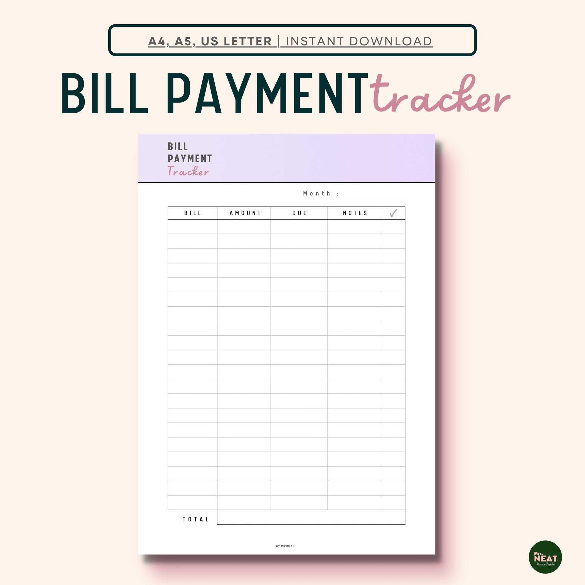 Bill Payment Tracker in beautiful purple color with room for Month, Bill, Amount, Due, Notes and Check list column