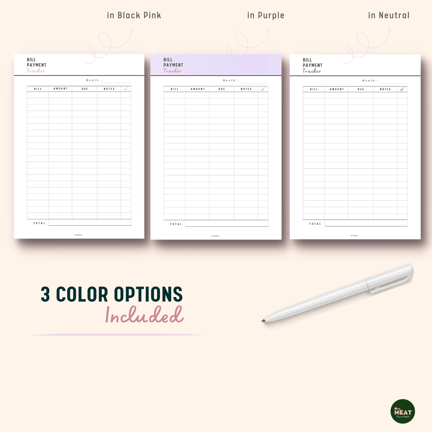 3 Pages of Bill Payment Tracker Planner in Black Pink, Purple and Neutral Color