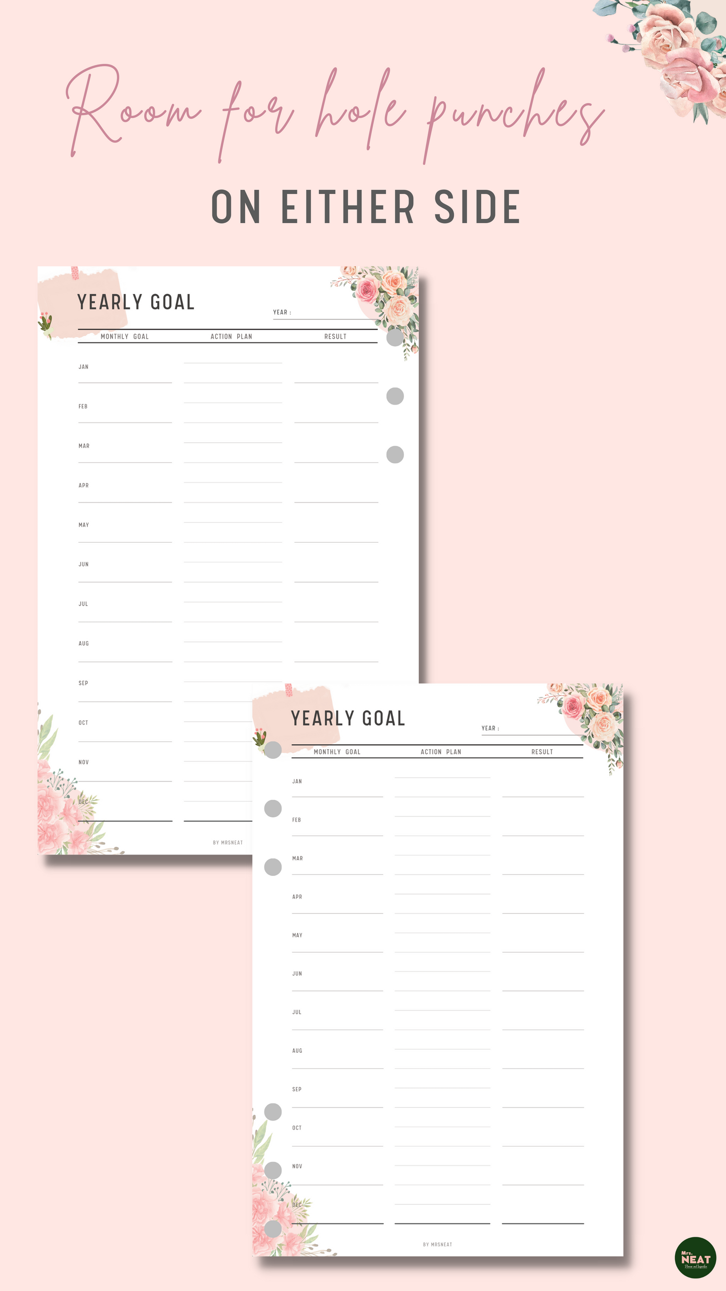 Cute Pink Floral Yearly Goal Planner with room for hole punches on either side