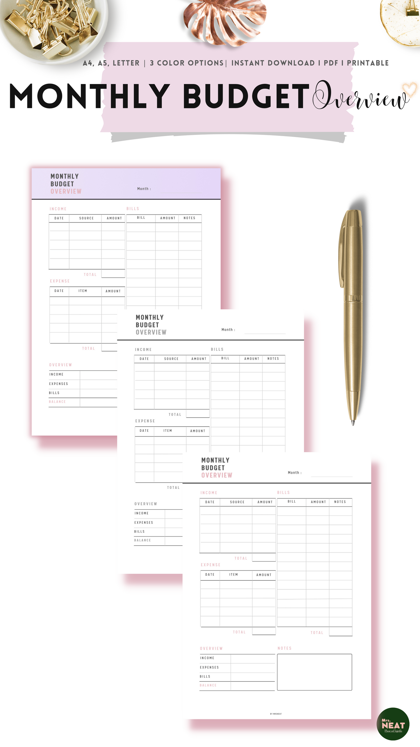 Cute and Clean Monthly Budget Overview Planner in Purple, Neutral and Black Pink font color