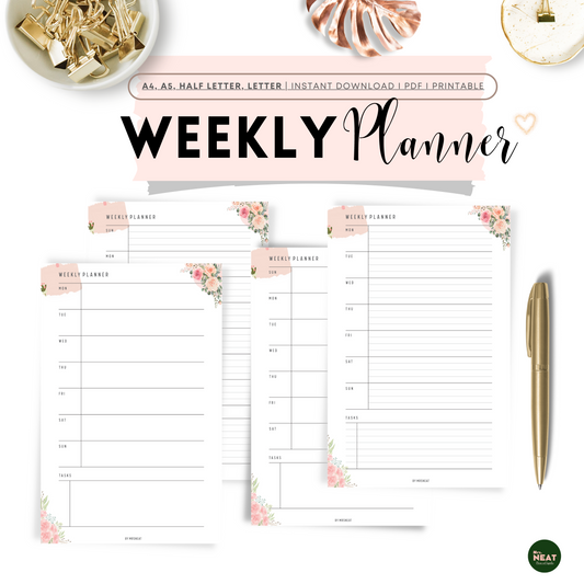 4 Pages Floral Weekly Planner Printable with Sunday Start and Monday Start, Lined and Unlined