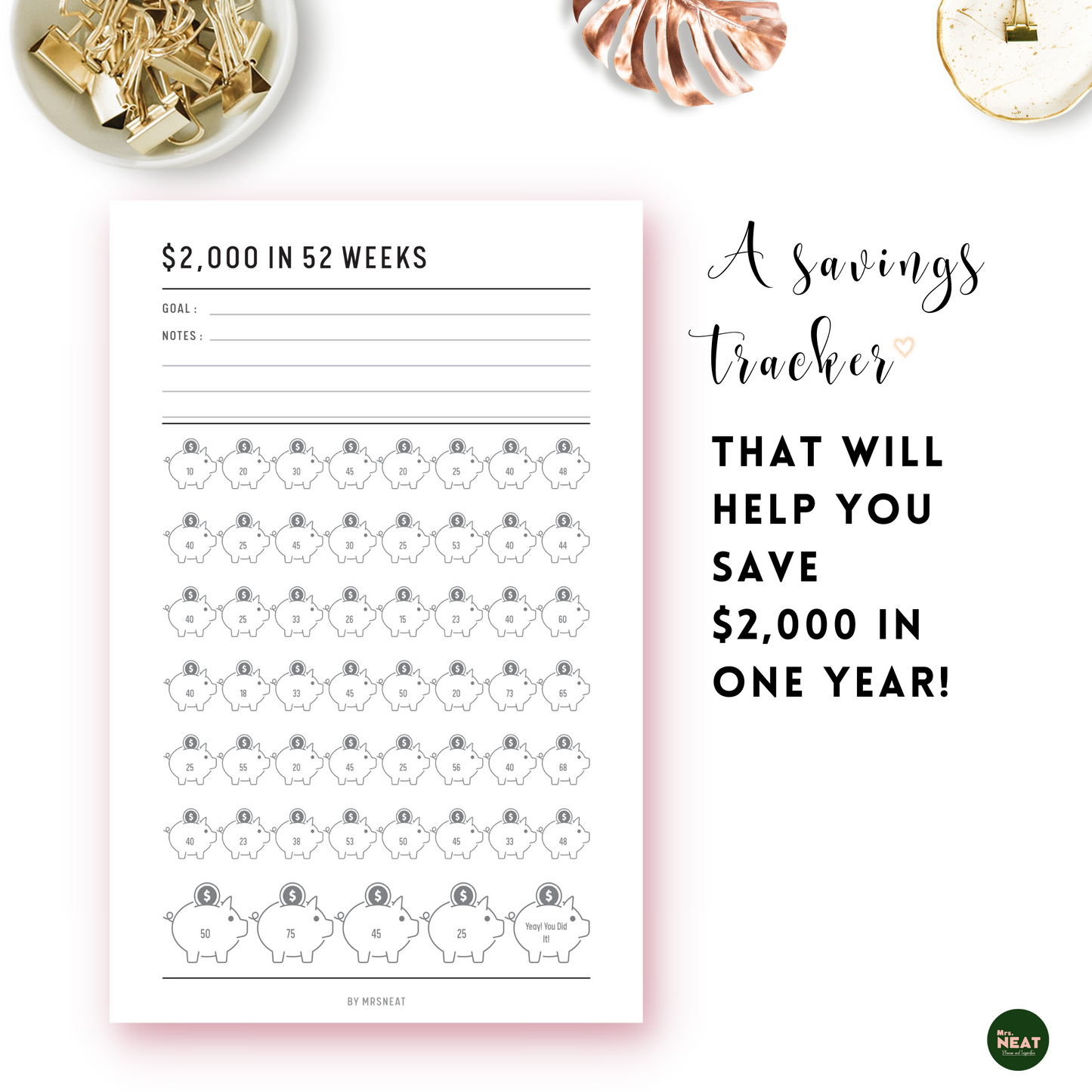 Beautiful and minimalist piggy bank saving tracker that will help you save $2000 in one year