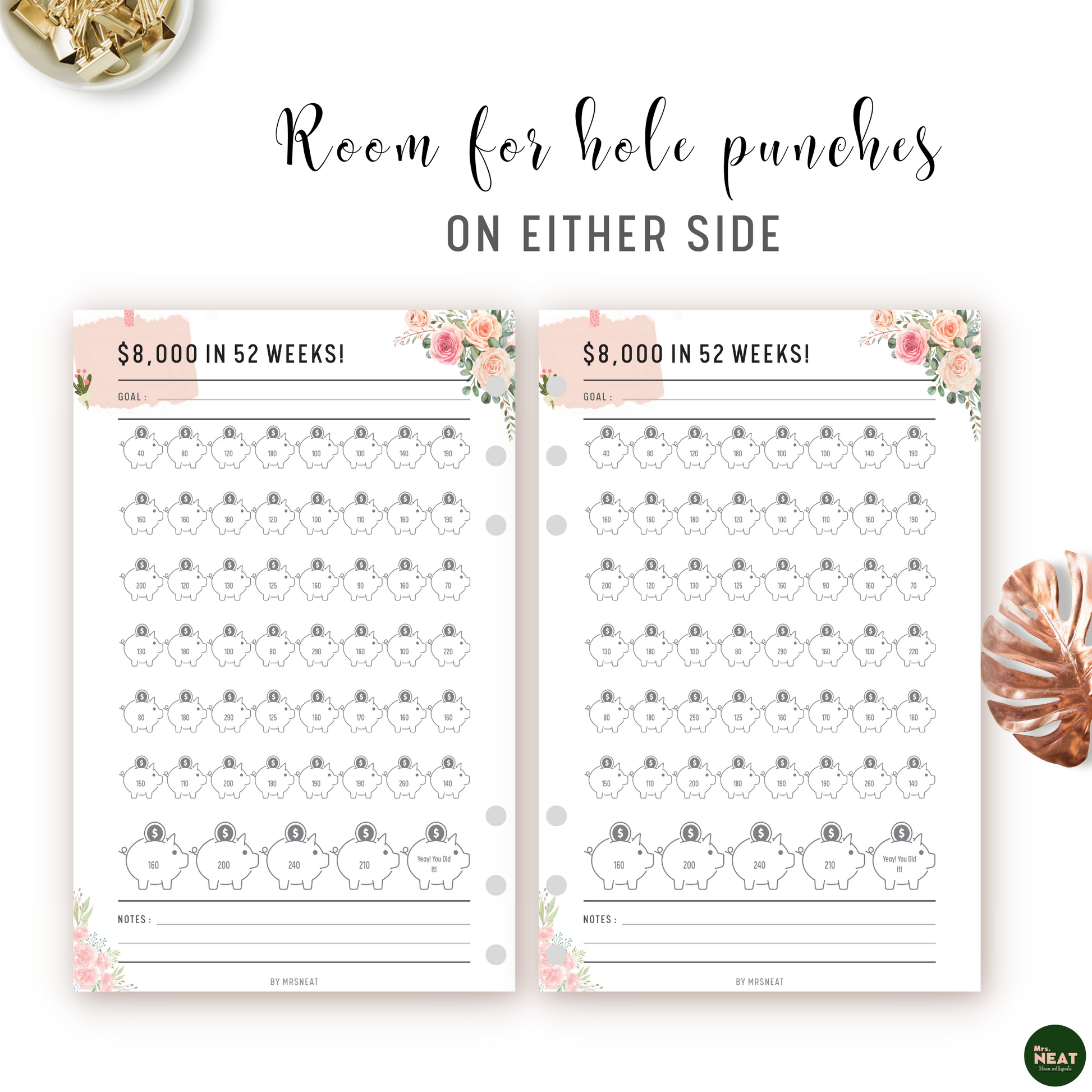 Floral Money Saving Challenge to Save $8000 in 52 weeks with room for hole punches on either side