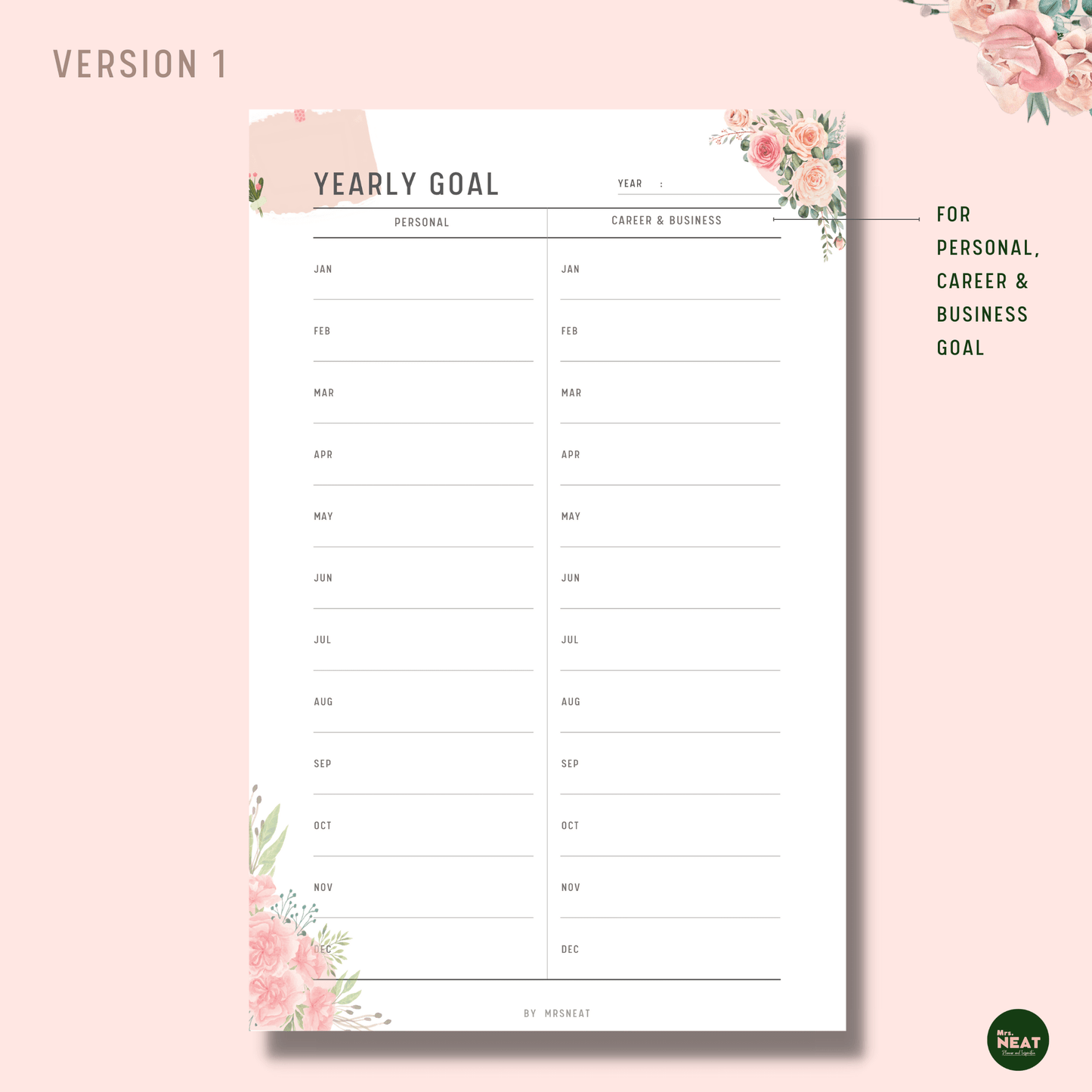 Pink Floral New Year Goal Planner for Personal, Career and Business Goals