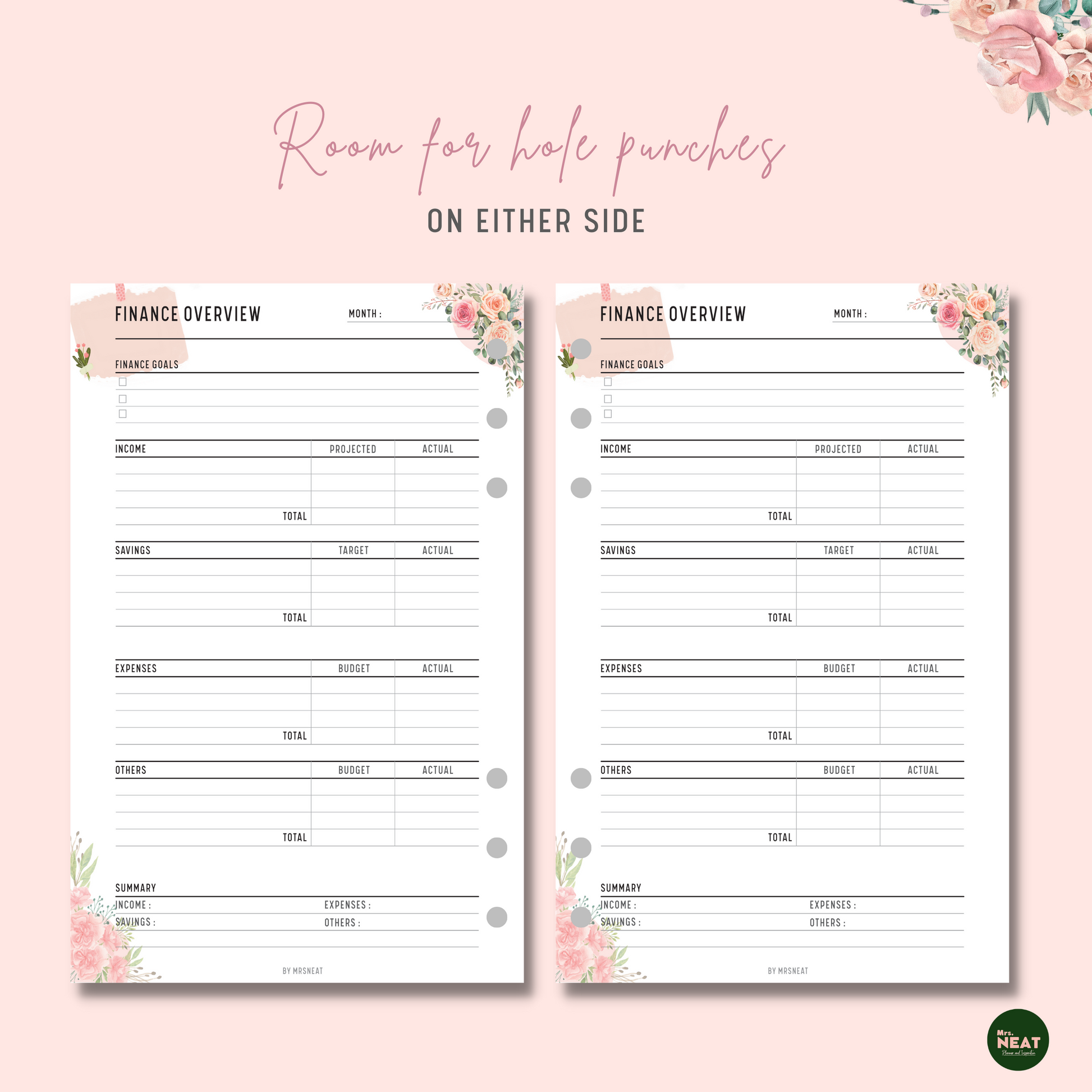 Floral Pink Financial Overview Planner with room for hole punches on either side
