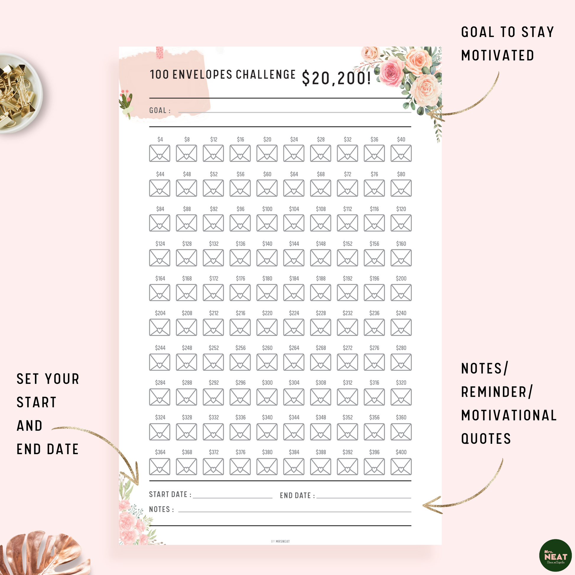 Floral $20,200 in 100 Envelope Saving Challenge Planner with room for goal, notes, start and finish date