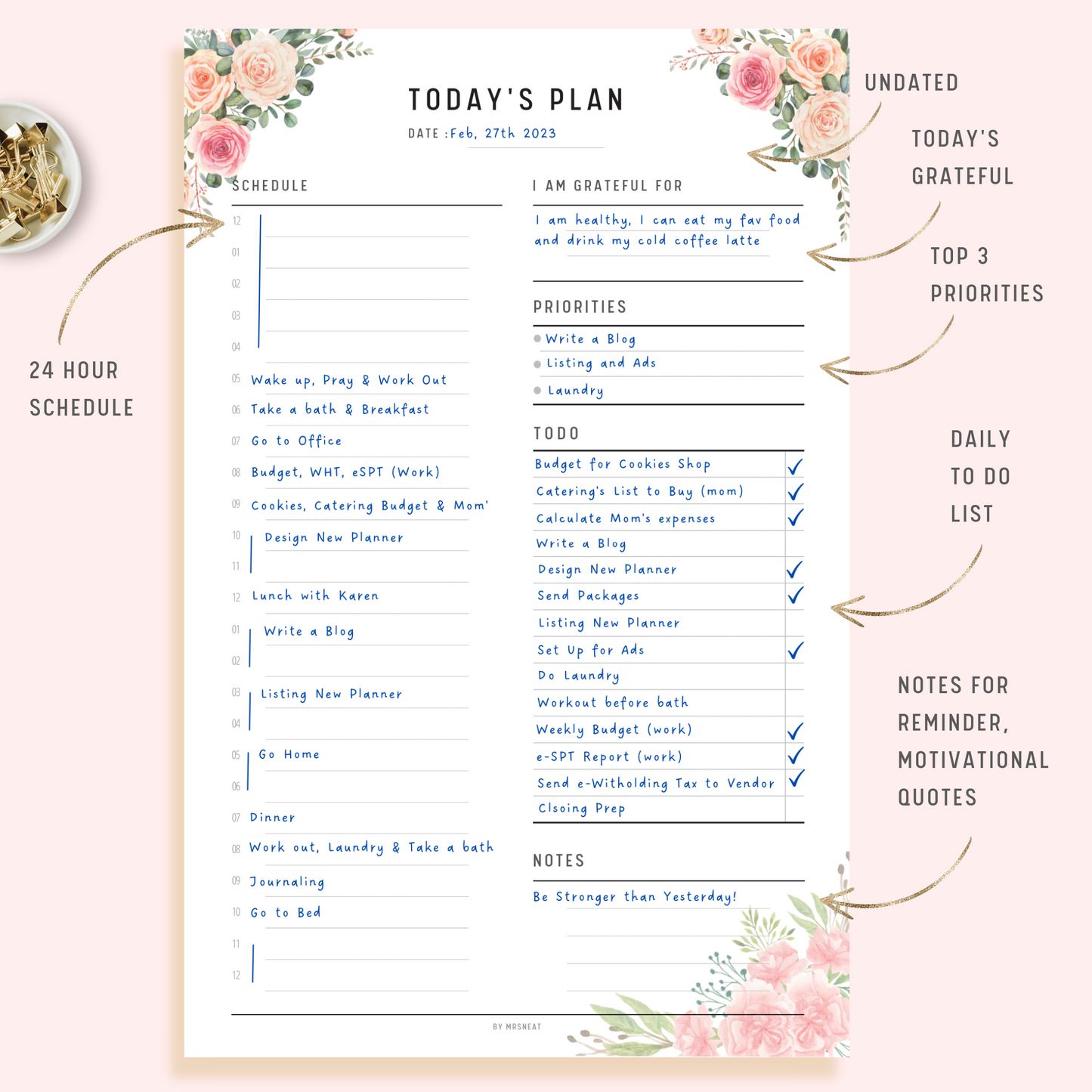 Pink Floral Daily Planner with Hourly Schedule for 24 Hour, room for To Do List and Priorities