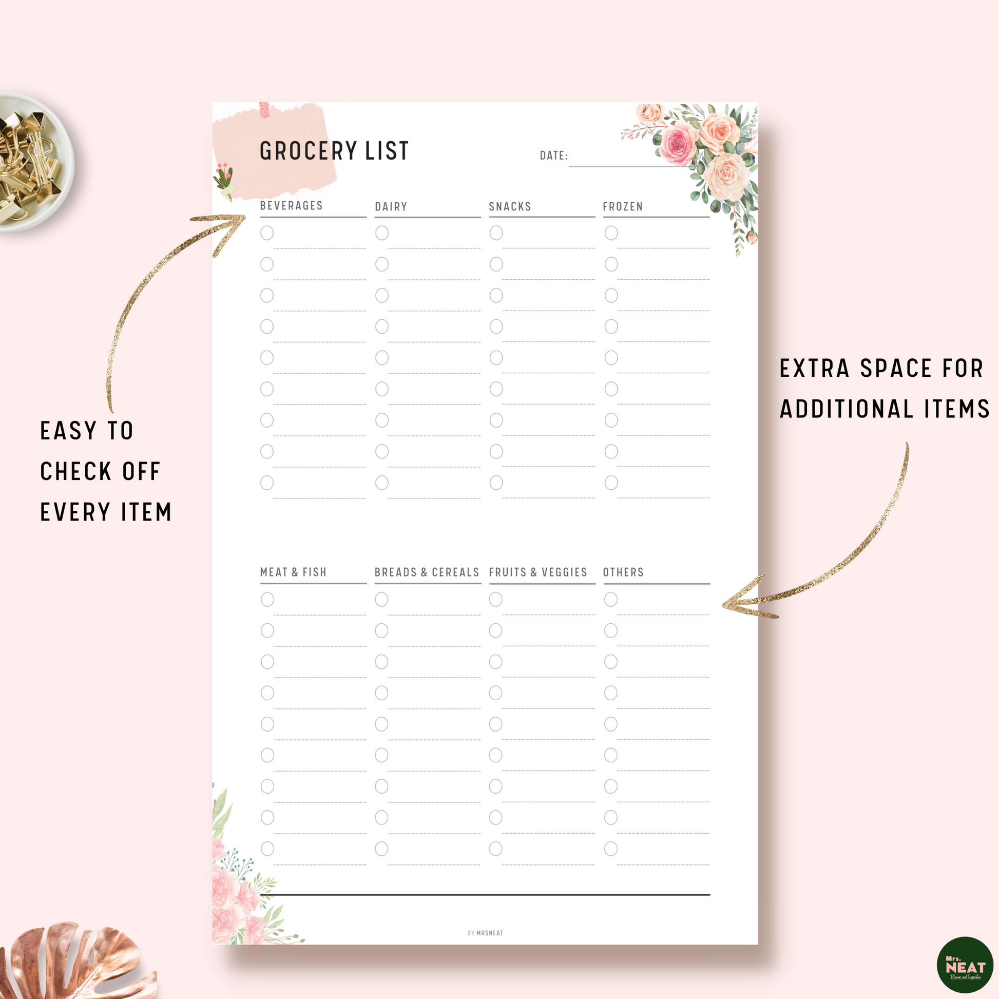 Beautiful Floral Grocery List Planner with 8 shopping categories with checklist box on each