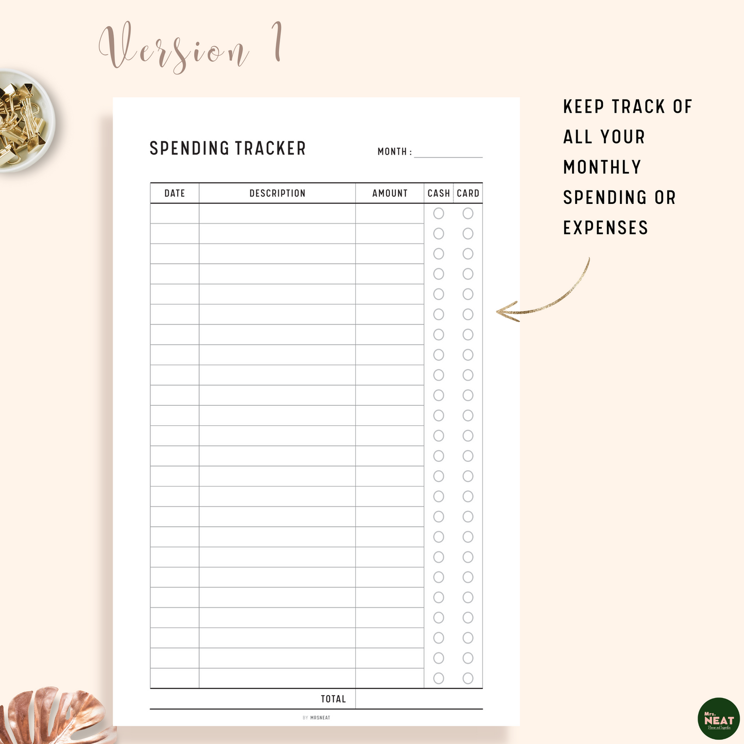 Spending Tracker Planner with room for date, description, amount and 2 payment options
