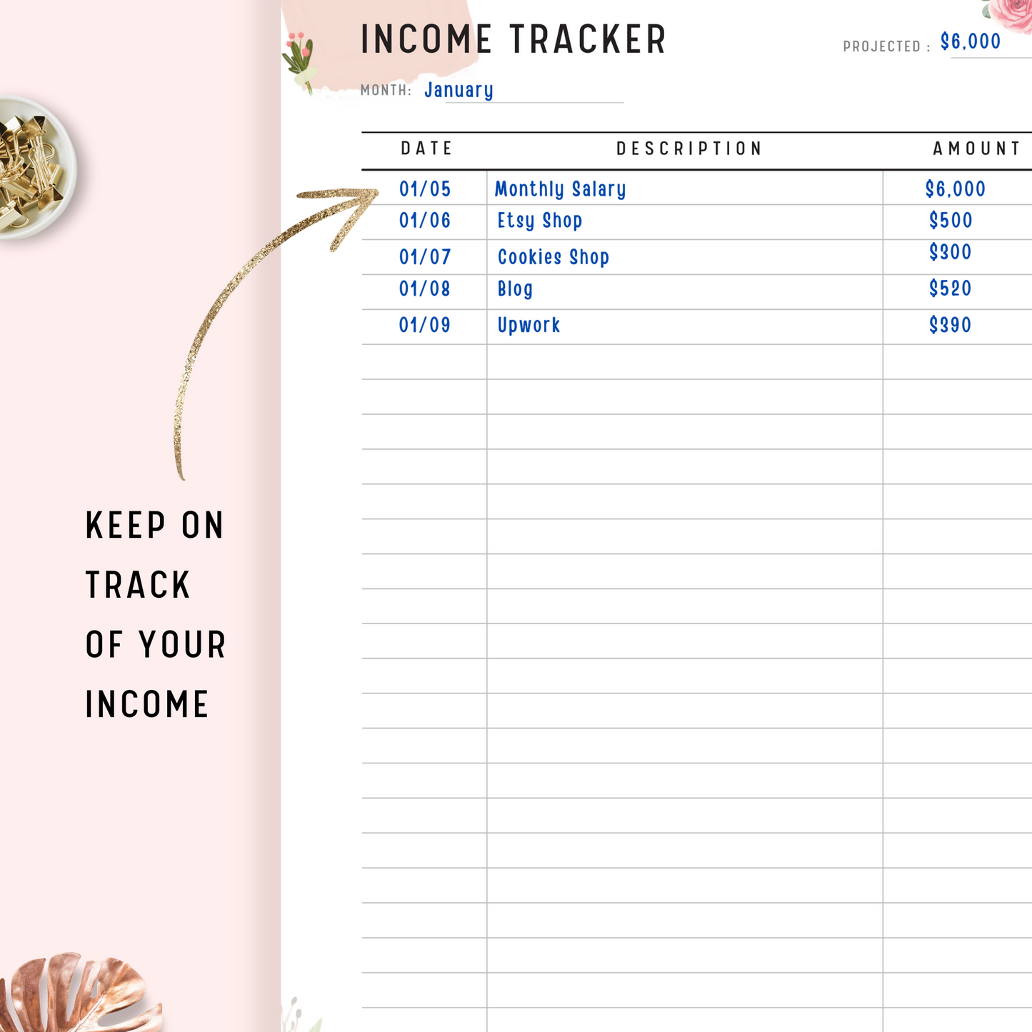 Floral Income Tracker with monthly projected, and detail list incomes